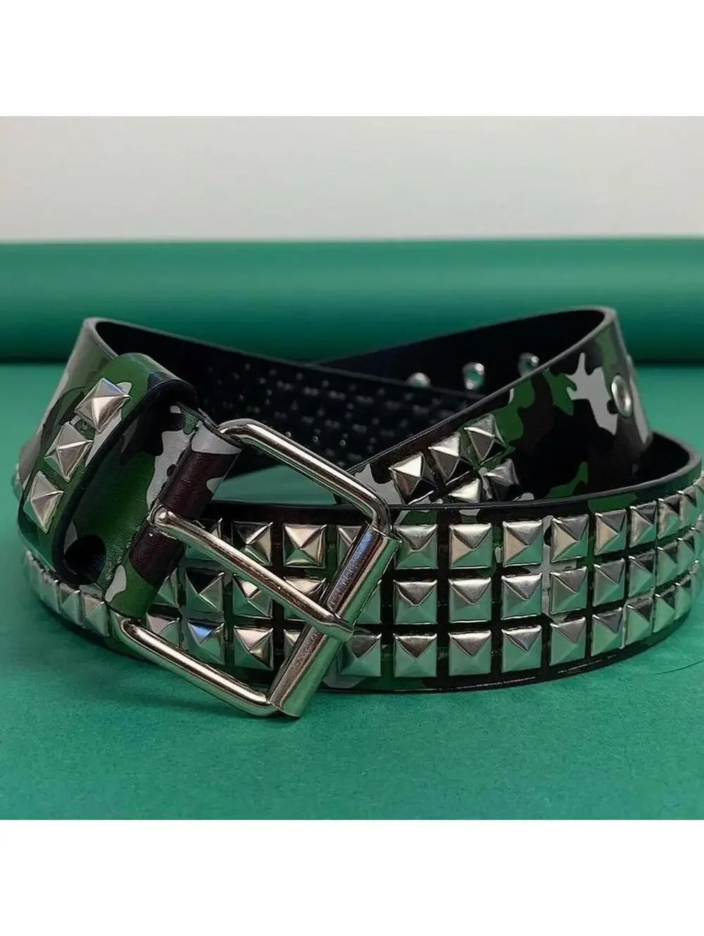 Vintage y2k 2000s Punk Style green camoDiamond Studded black essential belt